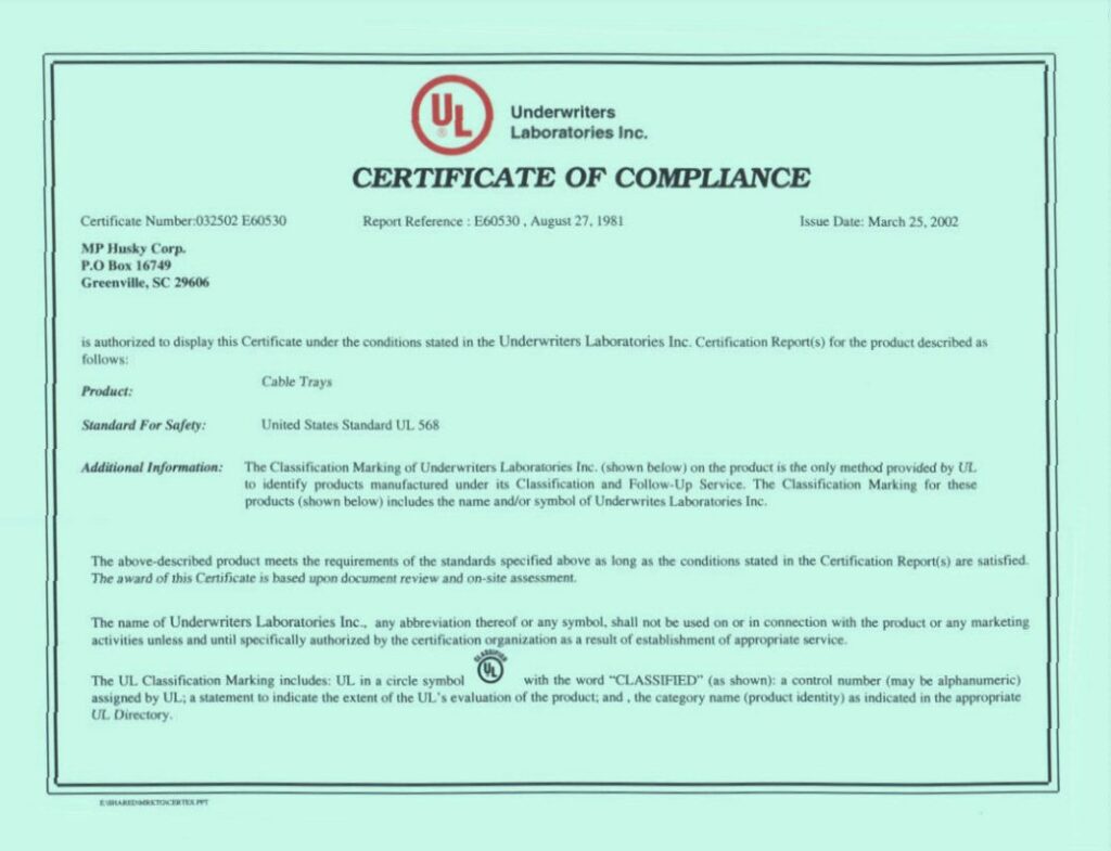  UL Cable Bus Certificate of Compliance