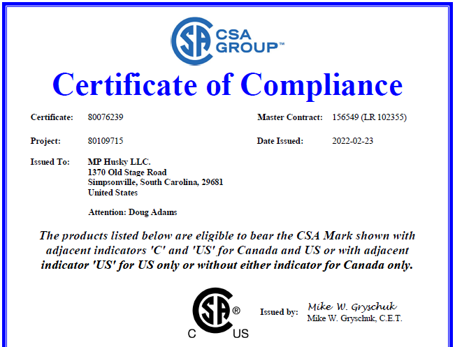 CSA Cable Bus Certificate of Compliance